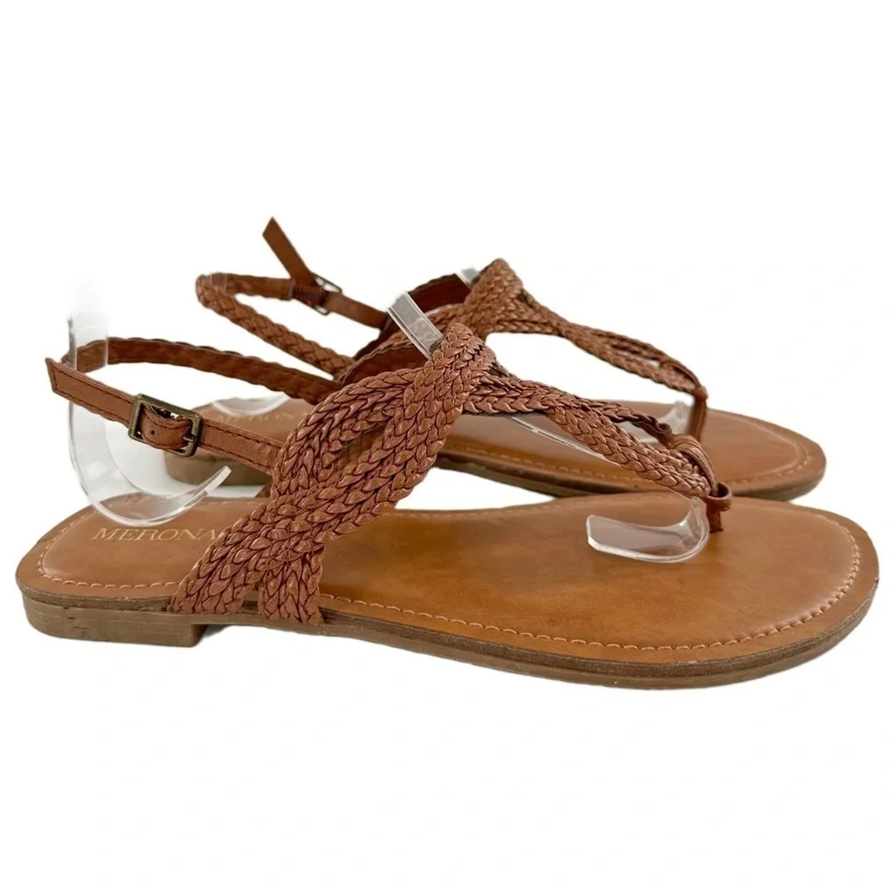 Merona sandals size 7 tan faux leather braided  T-strap vegan boho festival